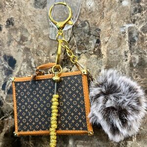 Lv trunk novelty keychain with 18k Gold beads and Fur Pom